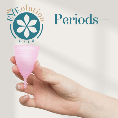 A photo of a woman's hand, holding a menstrual cup, with the EVEolution Lite logo in the top left